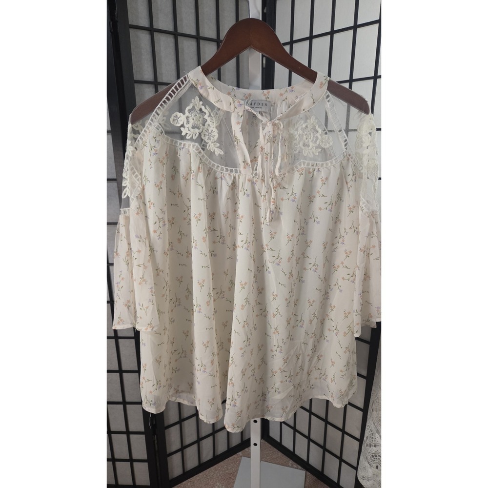 Hayden Los Angeles Cottagecore Prairie Boho‎ Floral Lace Mesh Blouse Large Women